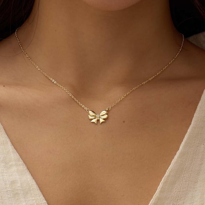 Gold Necklace for Women Dainty Bow Necklace 14K Gold Plated Cute Choker Necklace Small Bow Pendant Charm Necklaces Teen Gift Trendy Stuff Personalized Jewelry Gifts