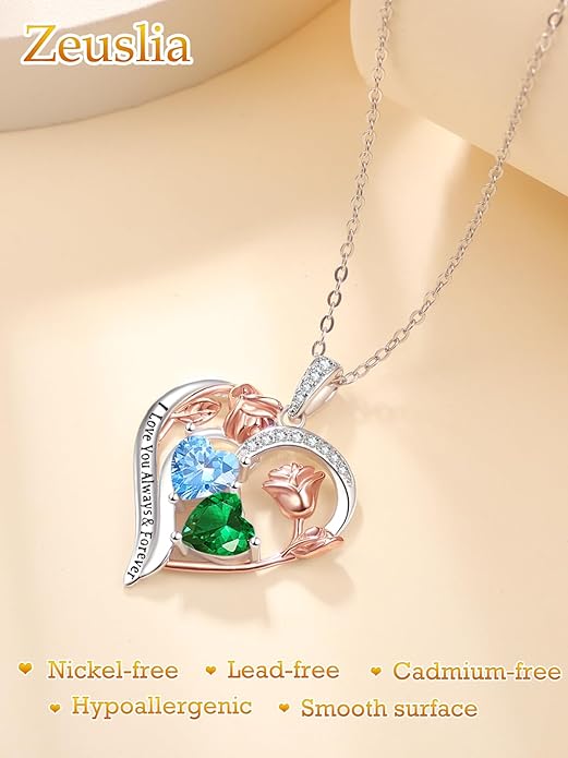 Zeuslia Double Birthstone Necklace Gifts for Wife - 925 Sterling Silver Sunflower/Rose/Crown Cross/Compass/Heart Pendant I Love You Necklace, Anniversary Birthday Gifts for Wife Girlfriend Mom Her
