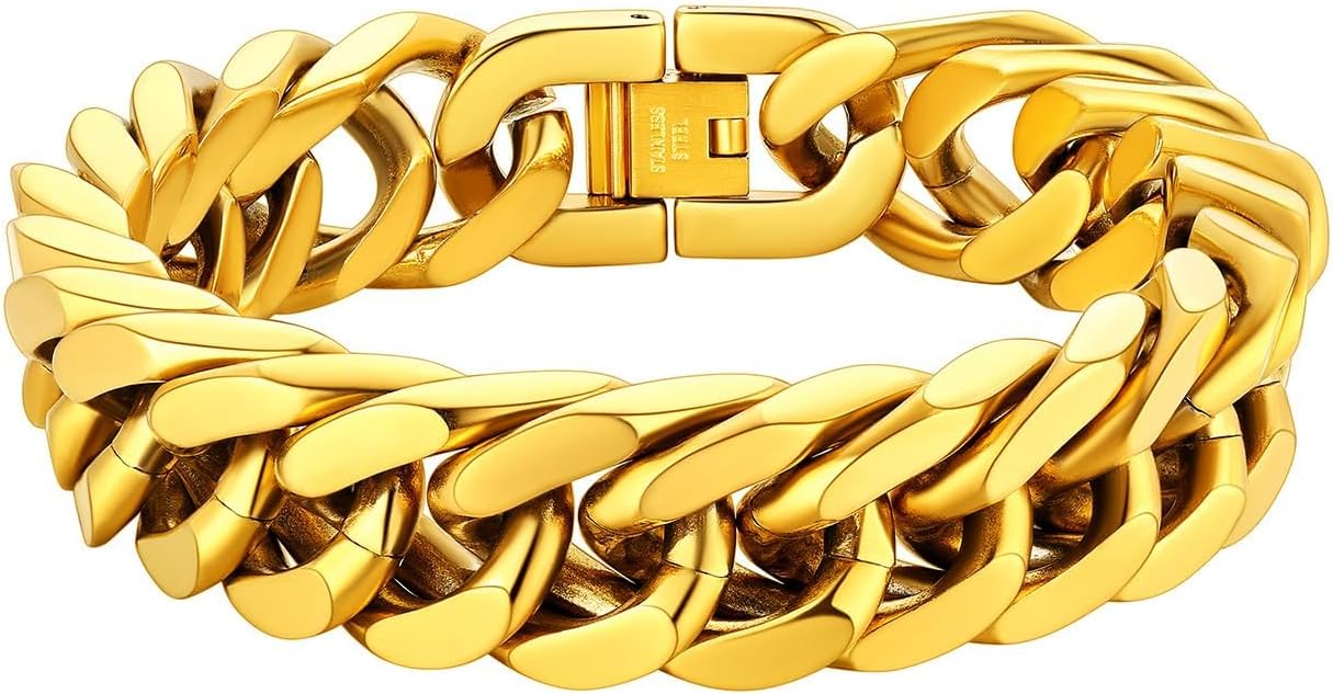 ChainsHouse Stainless Steel Cuban Link Bracelet, 8mm/12mm/17mm Width, 7.5"/8.3"/9", 18K Gold Plated Chain Wrist Bracelets for Men Women, Send Gift Box