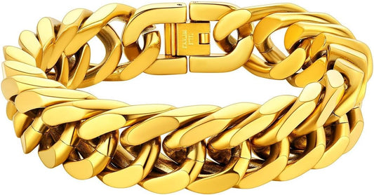 ChainsHouse Stainless Steel Cuban Link Bracelet, 8mm/12mm/17mm Width, 7.5"/8.3"/9", 18K Gold Plated Chain Wrist Bracelets for Men Women, Send Gift Box