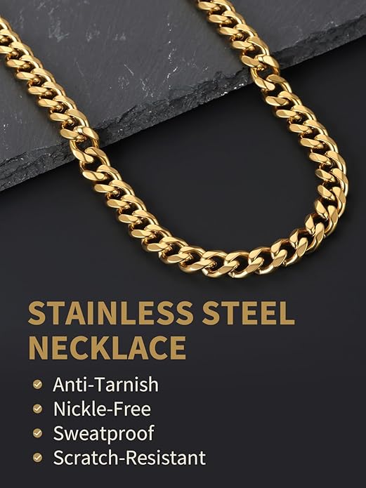 FindChic Cuban Link Chain for Men, 6/9/12mm Necklace Chain, Black/Gold Plated/Stainless Steel Necklace, Hypoallergenic & Tarnish-Proof Men's Jewelry Hip Hop Accessories, 18-30" Length Options