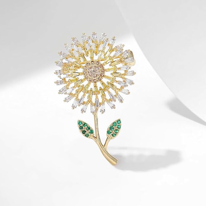 14K Gold Women Trendy Gold Brooch Accessory with Moissanite and Pearl, Decoration Sunflower Pin for Summer Fashion, Womens Brooches and Pins