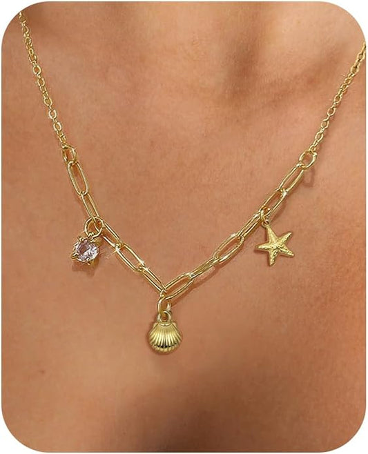 Shell Necklace for Women,14k Gold Plated Layered Starfish Conch SeaShell Pearl Pendant Charm Necklace,Non Tarnish Adjustable Stainless Steel Chain Stack Jewerly for Summer Beach Vacation
