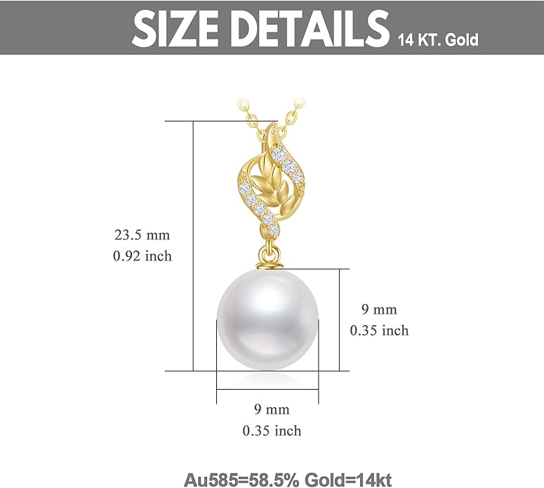 14k Gold Diamond Leaves Pearl Necklace for Women, Anniversary Jewelry for Wife, Birthday Gifts for Her (0.1ct Diamond, 9mm Freshwater Cultured Pearl), 16-18 Inch