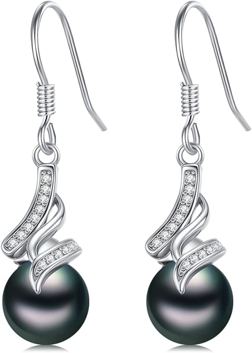 Tahitian Black Pearl Earring 18K White Gold Plated Sterling Silver Dangle Drop Earrings Black Pearl Jewelry Gifts for Women Mom