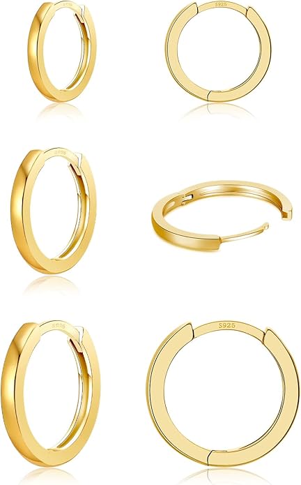 3 Pairs 925 Sterling Silver Hoop Earrings 14K White Gold Plated Small Silver Hoops Cartilage Huggie Earrings for Women Men