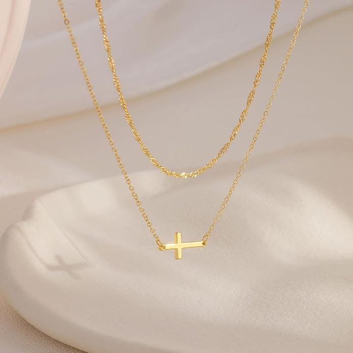 Cross Necklace for Women Dainty 14K Real Silver Gold Plated Layered Cross Pendant Necklace Stack Simple Trendy Cute Charm Choker Necklaces Jewelry Gift for Women Teen Her