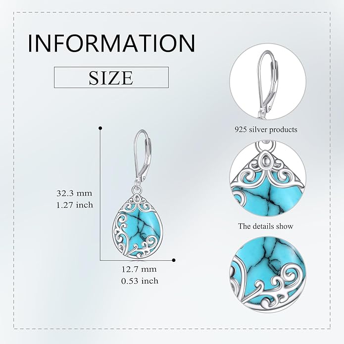 Filigree Earrings Sterling Silver Teardrop Moonstone Moss Agate Lapis Lazuli Larimar Emerald Peridot Opal Dangle Dangly Drop Leverback Earrings Boho Jewelry Gifts for Women