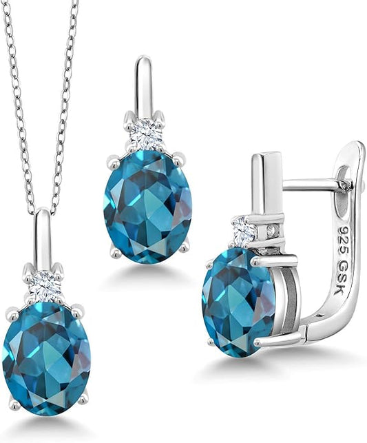 Gemstone Birthstone and White Created Sapphire Pendant and Earrings Jewelry Set for Women in 925 Sterling Silver | Oval 8X6MM and Round 2.5MM | With 18 Inch Chain | Fine Jewelry for Her Mom Women Wife