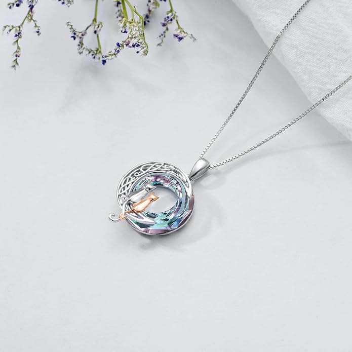 TOUPOP Christmas Cat Gifts for Cats Lovers One Two Three Four Cats Necklace Sterling Silver Cats on the Moon Pendant Necklace with Blue Circle Crystal Birthday Christmas Celtic Jewelry Gifts for Women