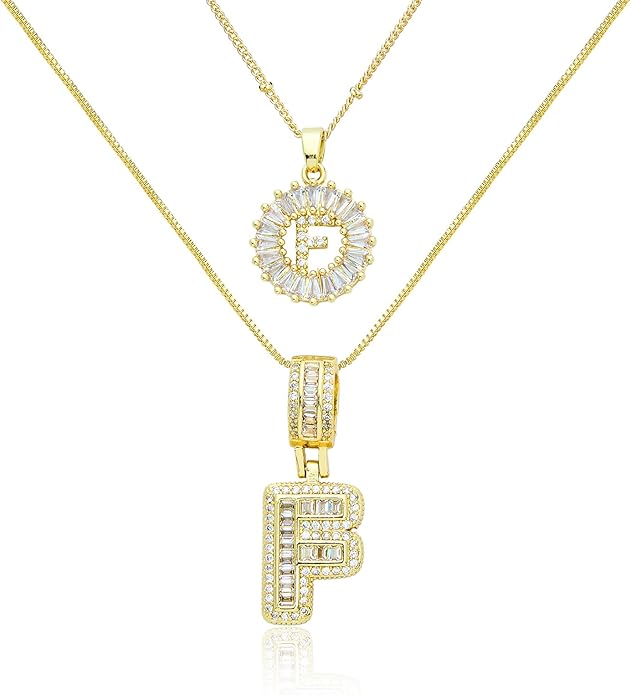 14K Gold Plated Initial Letter Pendant Necklace, Cubic Zirconia Crystal, Copper Chain