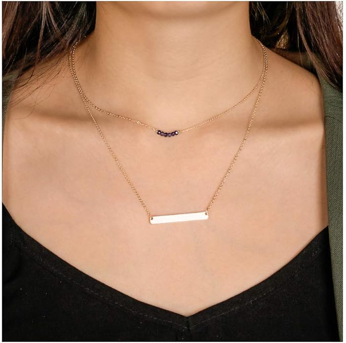 Turandoss Dainty Layered Choker Necklace, Handmade Y Pendant Necklace Multilayer Bar Disc Necklace Adjustable Layering Choker Necklaces for Women