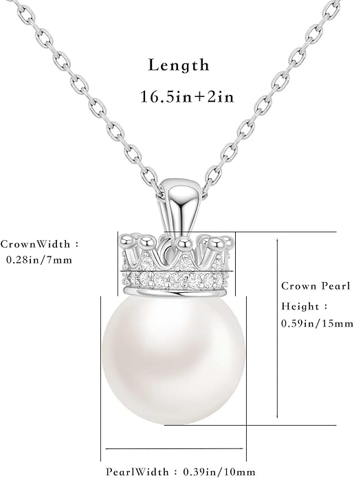 Pearl Necklace for women,10mm Single pearl Necklace, Silver Princess Crown Pearl Pendant Dainty Jewelry Gift for Wife, Mom,Girlfriend,Anniversary, Birthday,Valentine’s Day
