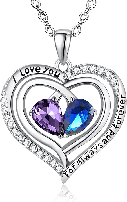 Zeuslia Double Birthstone Necklace Gifts for Wife - 925 Sterling Silver Sunflower/Rose/Crown Cross/Compass/Heart Pendant I Love You Necklace, Anniversary Birthday Gifts for Wife Girlfriend Mom Her
