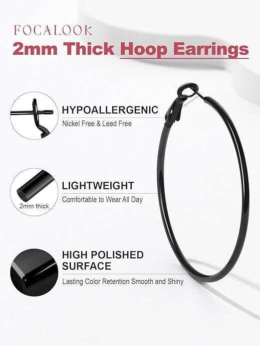 FOCALOOK 14K Gold Plated Lightweight Large Hoops| 2mm Thin Hoop Earrings for Women 30/40/50/70/100mm