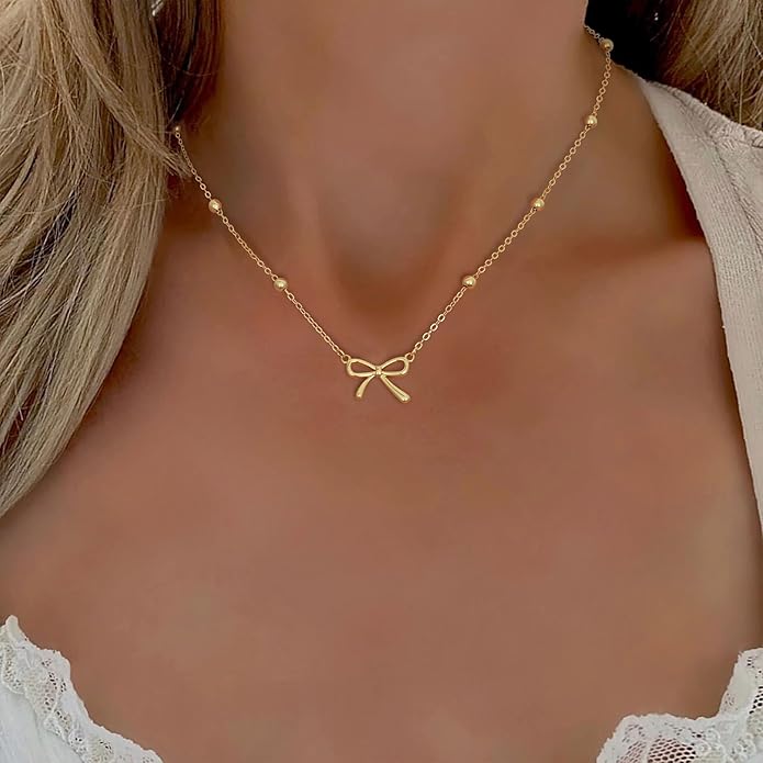 Gold Necklace for Women Dainty Bow Necklace 14K Gold Plated Cute Choker Necklace Small Bow Pendant Charm Necklaces Teen Gift Trendy Stuff Personalized Jewelry Gifts
