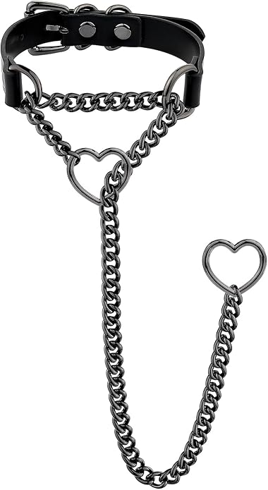 Handmade Black Heart Choker Collar For Women, Punk Gothic O-ring Slip Chain Necklace with Adjustable Vegan Leather Buckle