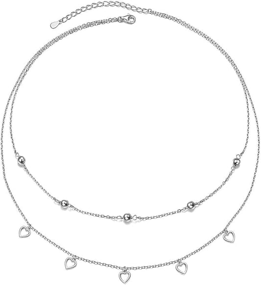 Layered Necklaces for Women S925 Sterling Silver Chokers Necklace for Women Circle/Heart/Double Circle/Cross/Star/Evil Eye Necklace Handmade Bead Necklaces Adjustable