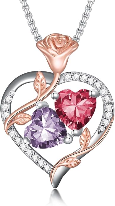 Christmas Gifts for Women Rose Heart Birthstone Pendant Necklace I Love You Forever Jewelry Valentine Mothers Day Birthday Gifts for Women Her Wife Girlfriend