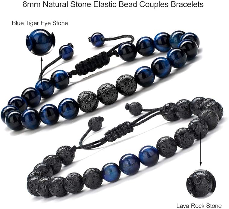 M MOOHAM Natural Stone Bracelets for Men - 8mm Tiger Eye, Matte Agate, Lava Rock - Teen Boys Gifts for Birthday, Anniversary, Christmas
