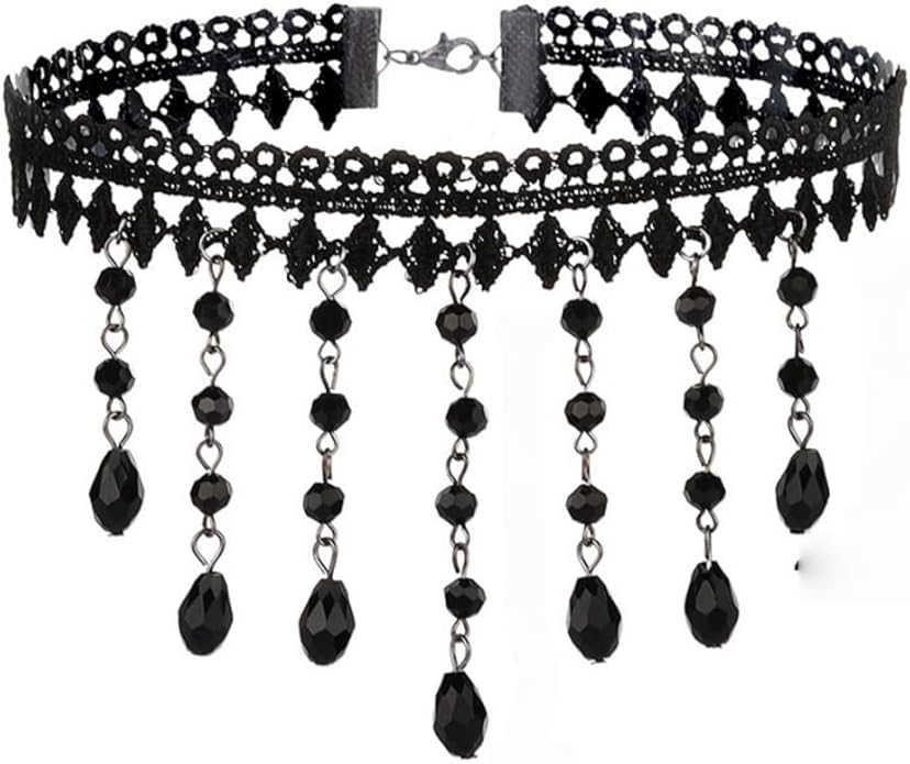 Vintage Lace Choker Necklace for Women Gothic Style Black Crystal Hollowed Out Necklace Statement Layered Tassels Necklace Victoria Halloween Vampire Jewelry