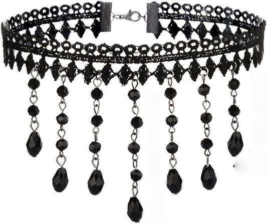 Vintage Lace Choker Necklace for Women Gothic Style Black Crystal Hollowed Out Necklace Statement Layered Tassels Necklace Victoria Halloween Vampire Jewelry