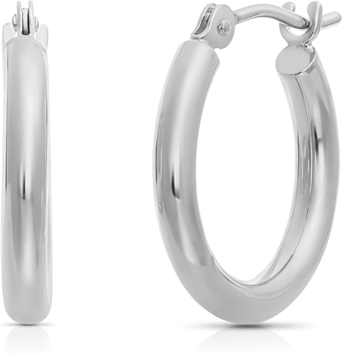 14k White Gold Polished Real Gold Hoop Earrings, Plain Round Gold Hoops, White Gold Hoop Earrings