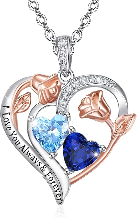 Zeuslia Double Birthstone Necklace Gifts for Wife - 925 Sterling Silver Sunflower/Rose/Crown Cross/Compass/Heart Pendant I Love You Necklace, Anniversary Birthday Gifts for Wife Girlfriend Mom Her
