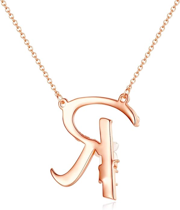 Flower Initial Letter Necklace Pink Red Blue Simulated Pearl Pendant Name Jewelry Made with Austrian Crystals Rose Gold Plated Anniversary Birthday Gifts for Women,18"+2"