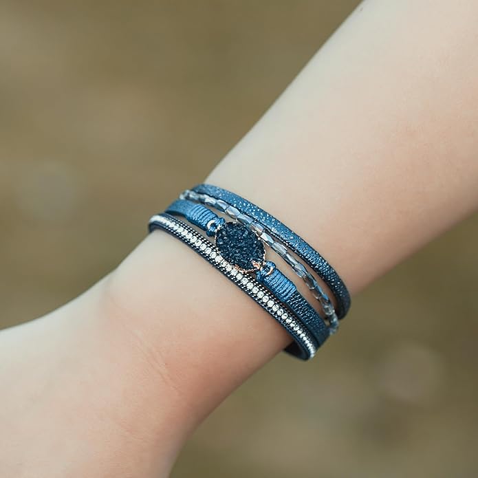 FANCY SHINY Leather Wrap Bracelet Boho Cuff Bangle Bracelets Crystal Bead Bracelet with Magnetic Clasp Jewelry Gifts for Women