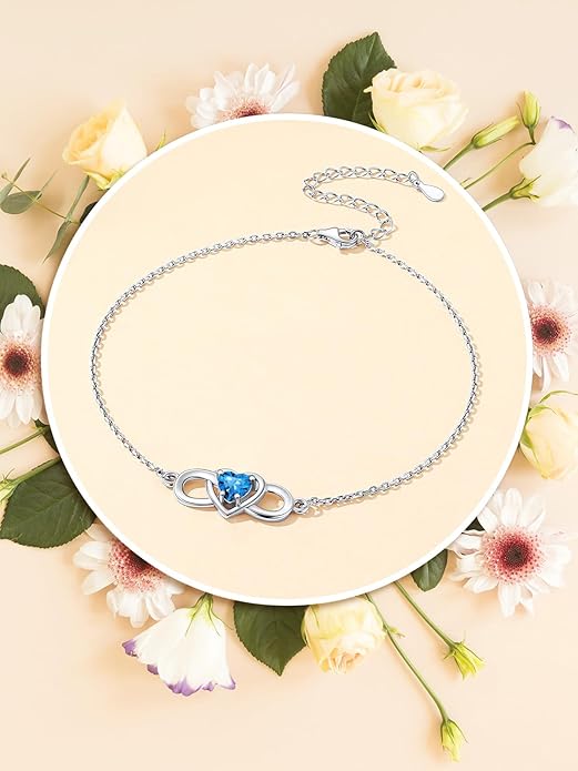 Custom4U Personalized Infinity Ankle Bracelets for Women 925 Sterling Silver Anklet Bracelet Endless Love Symbol Birthstone Charm Adjustable Foot Chain Jewelry Mothers Day Gifts for Mom Wife Women Her