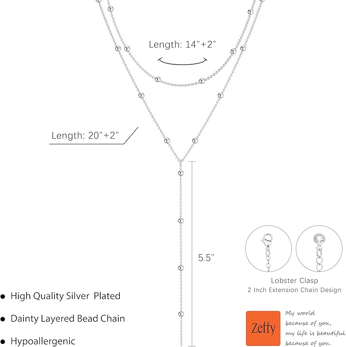 Zeffy Lariat Gold Necklace for Women, Dainty Long Necklace 14k Gold/Silver Plated Layered CZ Beaded Bar Chain Y-Shaped Body Chain Stack Drop Wedding Necklace Trendy Simple Gold Jewelry Gifts