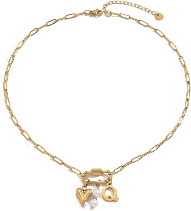 Gold Heart Initial Necklaces for Women 18K Gold Plated Dainty Pearl Letter Necklace Personalized Monogram Name A-Z Pendant Everyday Jewelry for Women