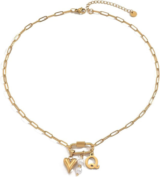 Gold Heart Initial Necklaces for Women 18K Gold Plated Dainty Pearl Letter Necklace Personalized Monogram Name A-Z Pendant Everyday Jewelry for Women