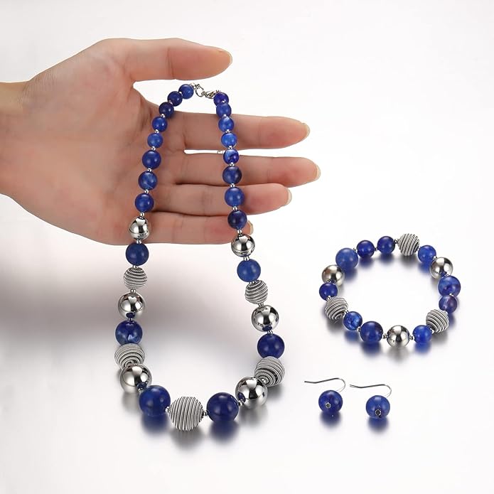 PEARL&CLUB Beaded Chunky Statement Necklace Earring and Bracelet Set Silver Metal Bead Fashion Jewelry Set Mothers’ Day Gifts for Women
