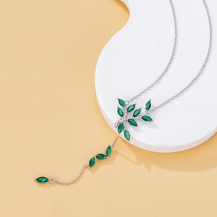 LONAGO Long Y-shaped Necklace for Women 925 Sterling Silver Leaf Pendant Cubic Zirconia Y Chain Necklace Jewelry Gift for Bride Wife