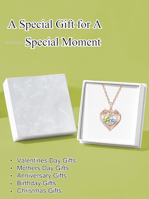 JIYVY32 Rose Heart Necklace for Women Exquisite 925 Sterling Silver Anniversary Birthday Gifts for Wife Mom Her Double Birthstone Pendant Jewelry