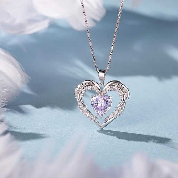 Heart Necklaces Valentine's Gift for Women, Birthstone 925 Sterling Silver Angel Wings Love Pendant Necklaces for Women, Jewelry Gifts for Wife, Anniversary, Mother's day