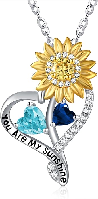 Zeuslia Double Birthstone Necklace Gifts for Wife - 925 Sterling Silver Sunflower/Rose/Crown Cross/Compass/Heart Pendant I Love You Necklace, Anniversary Birthday Gifts for Wife Girlfriend Mom Her