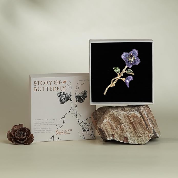 Forget me not Flower Brooch Handmade Gold Thread Embroidered and hand-Drip Enamel leaf, Gradient Botanical Floral Brooch pins for women, SHE'S FREE STYLE JUST FOR YOU [Bencao Gangmu Series]Vintage Plant Jewelry