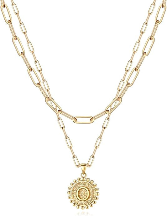 Yoosteel Gold Initial Necklaces for Women, 14K Gold Plated Dainty Layering Paperclip Link Chain Necklace Coin Initial Layered Necklaces for Women Personalized Birthday Gifts