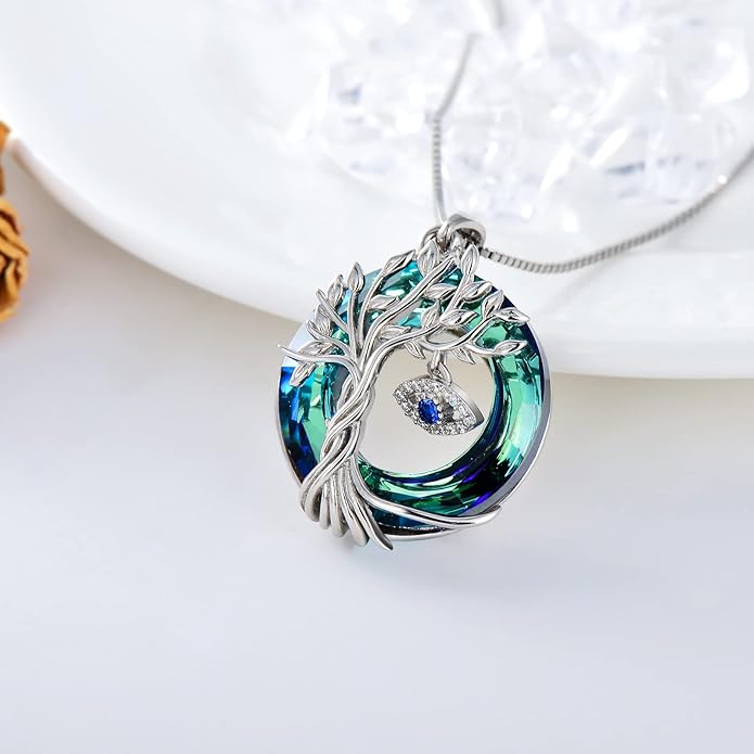 TOUPOP Evil Eye Necklace 925 Sterling Silver Tree of Life Circle Crystal Pendant Necklace Protection Jewelry Amulet Christmas Gifts for Women Her