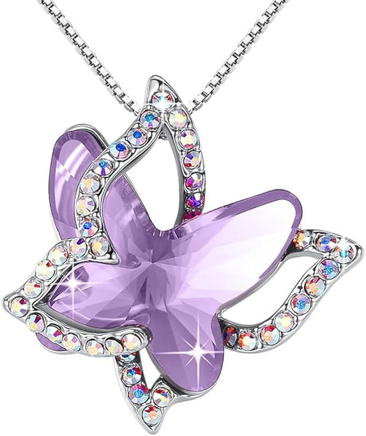 GEMMANCE Valentine's Day Gift Butterfly Birthstone Crystal Necklace, Silver Tone with 18”+2” Chain, Necklace for Mother’s Day Anniversary Birthday Gifts for Women and Daughter