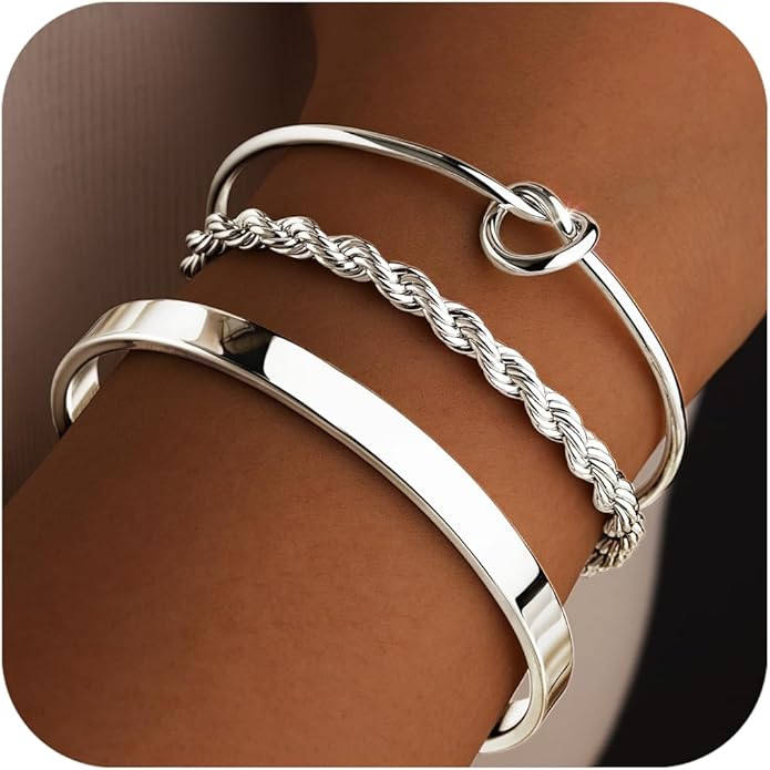 Silver Bracelets for Women Stack, Silver or Gold Plated Cuff Bangle Set, Trendy Silver Jewelry for Women Fashion