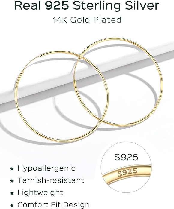 ChicSilver Hypoallergenic 925 Sterling Silver Hoop Earrings for Women, Lightweight Large Gold Plated Hoop Earrings, Endless Hoops Huggie Earrings 15/20/30/50/70MM