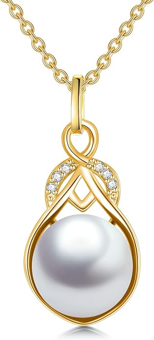 NFYBD 14K Gold Pearl Necklace for Women,9mm Freshwater Cultured White Pearl Pendant Necklaces Jewlery Gifts for Her Wife Mom Present for Anniversary Birthday Mothers Day 16+1+1