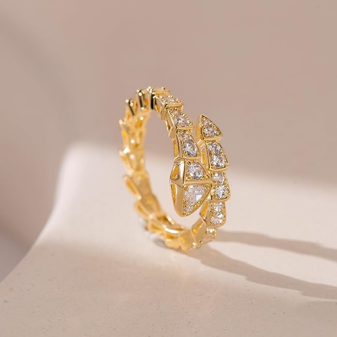 Aura & lrena Adjustable Snake Rings for Wome, 18K Gold or Platinum Plating Open-Ended Ring with AAA Cubic Zirconia Fashion Jewelry, Statement Gift Design Rings for Men and Women Non Tarnish