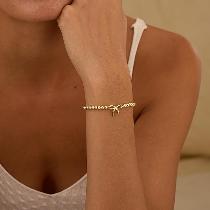 Beaded Bracelet for Women Trendy Stretch Handmade Ball Charm Bracelet Dainty Cross Heart Bow Wave CZ Stackable Jewelry Charm Gifts for Her