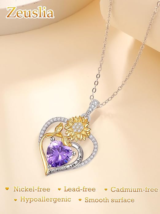 Zeuslia Double Birthstone Necklace Gifts for Wife - 925 Sterling Silver Sunflower/Rose/Crown Cross/Compass/Heart Pendant I Love You Necklace, Anniversary Birthday Gifts for Wife Girlfriend Mom Her