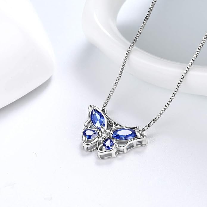 Aurora Tears Butterfly Birthstone Pendant Necklace - Women 925 Sterling Silver Butterflies Birthstone Pendant Necklace Jewelry Birthday Gift for Women